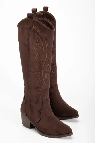 Kadın Kahve Süet Nakışlı Western Kovboy Cowgirl Bot Çizme-Kahve Süet - 1