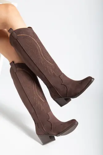 Kadın Kahve Süet Nakışlı Western Kovboy Cowgirl Bot Çizme-Kahve Süet - 3