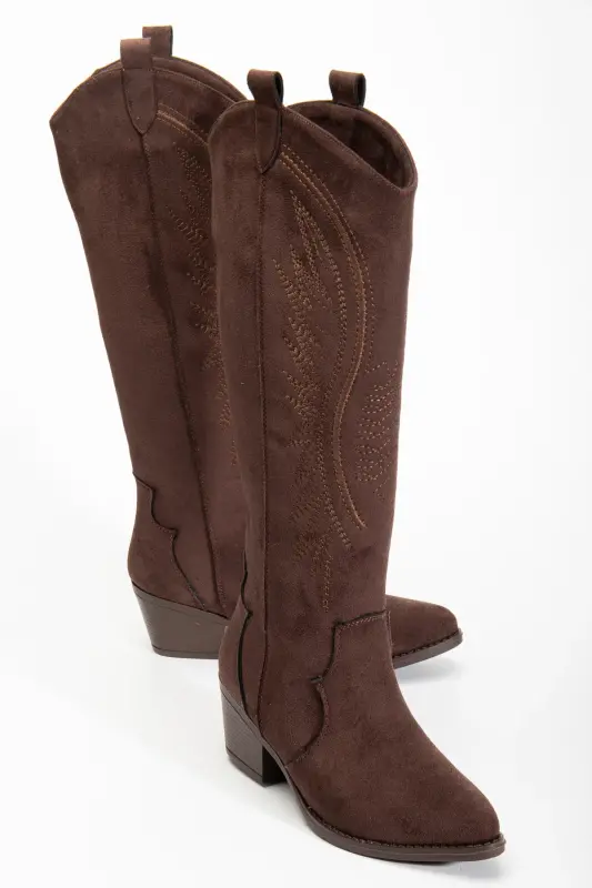 Kadın Kahve Süet Nakışlı Western Kovboy Cowgirl Bot Çizme-Kahve Süet - 4
