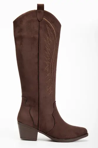 Kadın Kahve Süet Nakışlı Western Kovboy Cowgirl Bot Çizme-Kahve Süet - RİSSOLİ (1)