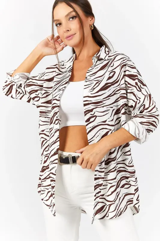 Kadın Kahve Zebra Desen Oversize Uzun Basic Gömlek Arm-22Y001145-KAHVE - 1