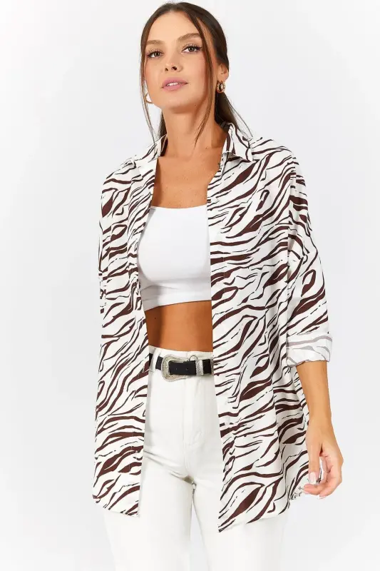 Kadın Kahve Zebra Desen Oversize Uzun Basic Gömlek Arm-22Y001145-KAHVE - 2