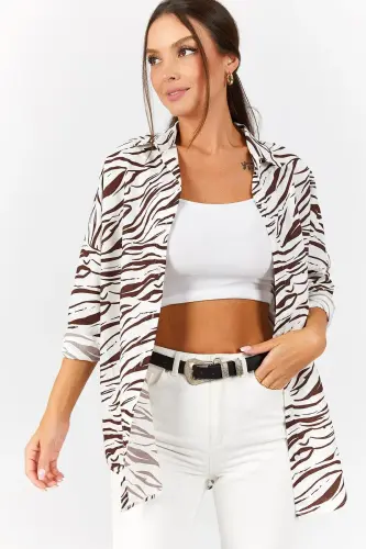 Kadın Kahve Zebra Desen Oversize Uzun Basic Gömlek Arm-22Y001145-KAHVE - 3