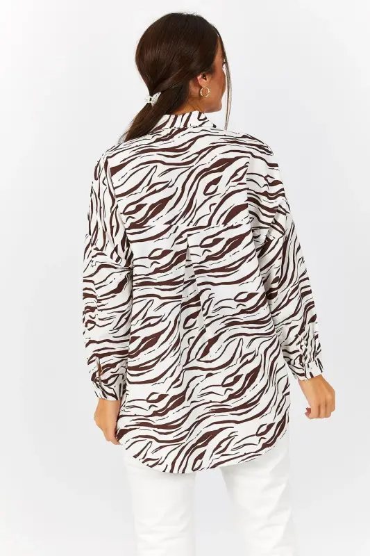 Kadın Kahve Zebra Desen Oversize Uzun Basic Gömlek Arm-22Y001145-KAHVE - 4