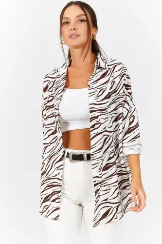 Kadın Kahve Zebra Desen Oversize Uzun Basic Gömlek Arm-22Y001145-KAHVE - ARMONIKA (1)