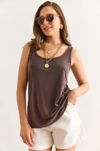 Kadın Kahverengi Askılı Dökümlü Modal Bluz BLZ-19003011-Kahverengi - 3