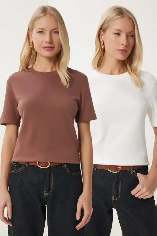 Kadın Kahverengi Beyaz 2'Li Paket Pamuklu Basic Örme T-Shirt AG00002-Kahverengi Beyaz - 1