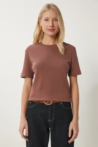 Kadın Kahverengi Beyaz 2'Li Paket Pamuklu Basic Örme T-Shirt AG00002-Kahverengi Beyaz - HAPPINESS İSTANBUL (1)