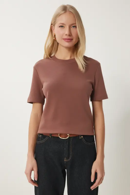 Kadın Kahverengi Beyaz 2'Li Paket Pamuklu Basic Örme T-Shirt AG00002-Kahverengi Beyaz - 2