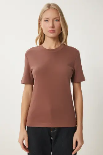 Kadın Kahverengi Beyaz 2'Li Paket Pamuklu Basic Örme T-Shirt AG00002-Kahverengi Beyaz - 4