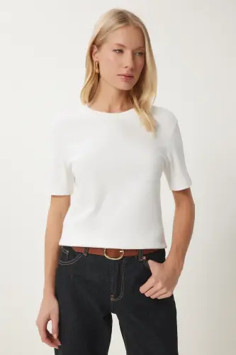 Kadın Kahverengi Beyaz 2'Li Paket Pamuklu Basic Örme T-Shirt AG00002-Kahverengi Beyaz - 7