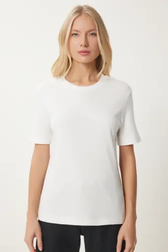 Kadın Kahverengi Beyaz 2'Li Paket Pamuklu Basic Örme T-Shirt AG00002-Kahverengi Beyaz - 8