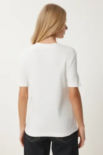 Kadın Kahverengi Beyaz 2'Li Paket Pamuklu Basic Örme T-Shirt AG00002-Kahverengi Beyaz - 10