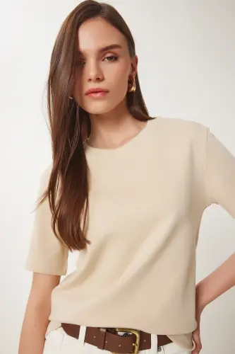 Kadın Kahverengi Bisküvi 2'Li Paket Pamuklu Basic Örme T-Shirt AG00002-Kahverengi Bisküvi - HAPPINESS İSTANBUL (1)