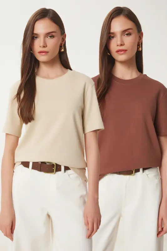 Kadın Kahverengi Bisküvi 2'Li Paket Pamuklu Basic Örme T-Shirt AG00002-Kahverengi Bisküvi - HAPPINESS İSTANBUL