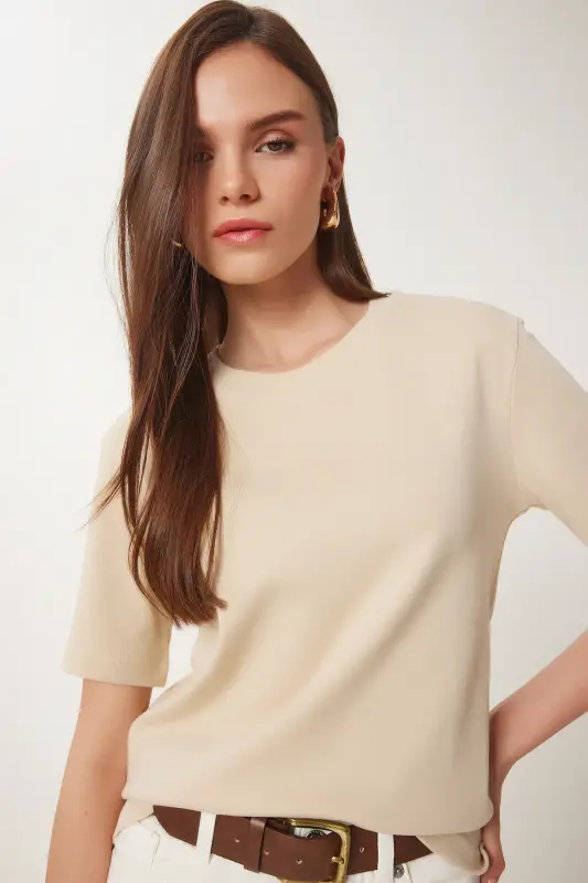 Kadın Kahverengi Bisküvi 2'Li Paket Pamuklu Basic Örme T-Shirt AG00002-Kahverengi Bisküvi - 2