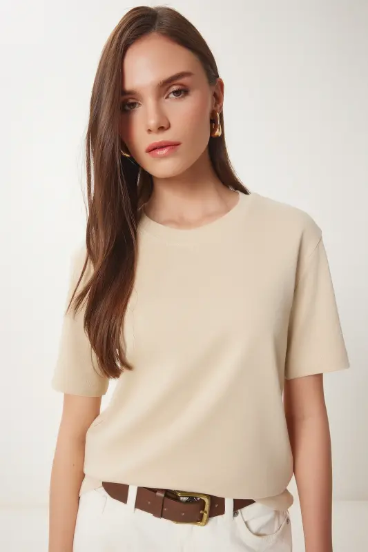 Kadın Kahverengi Bisküvi 2'Li Paket Pamuklu Basic Örme T-Shirt AG00002-Kahverengi Bisküvi - 3