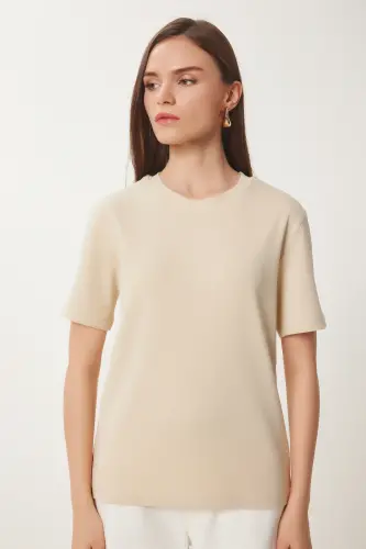 Kadın Kahverengi Bisküvi 2'Li Paket Pamuklu Basic Örme T-Shirt AG00002-Kahverengi Bisküvi - 4