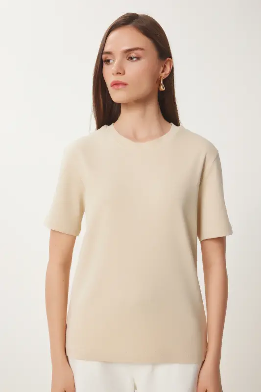 Kadın Kahverengi Bisküvi 2'Li Paket Pamuklu Basic Örme T-Shirt AG00002-Kahverengi Bisküvi - 4