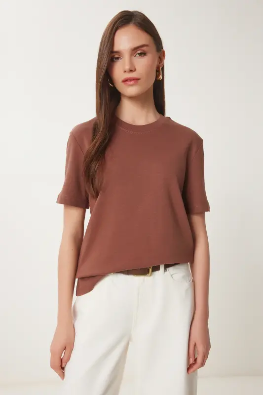 Kadın Kahverengi Bisküvi 2'Li Paket Pamuklu Basic Örme T-Shirt AG00002-Kahverengi Bisküvi - 6