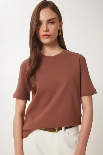 Kadın Kahverengi Bisküvi 2'Li Paket Pamuklu Basic Örme T-Shirt AG00002-Kahverengi Bisküvi - 7