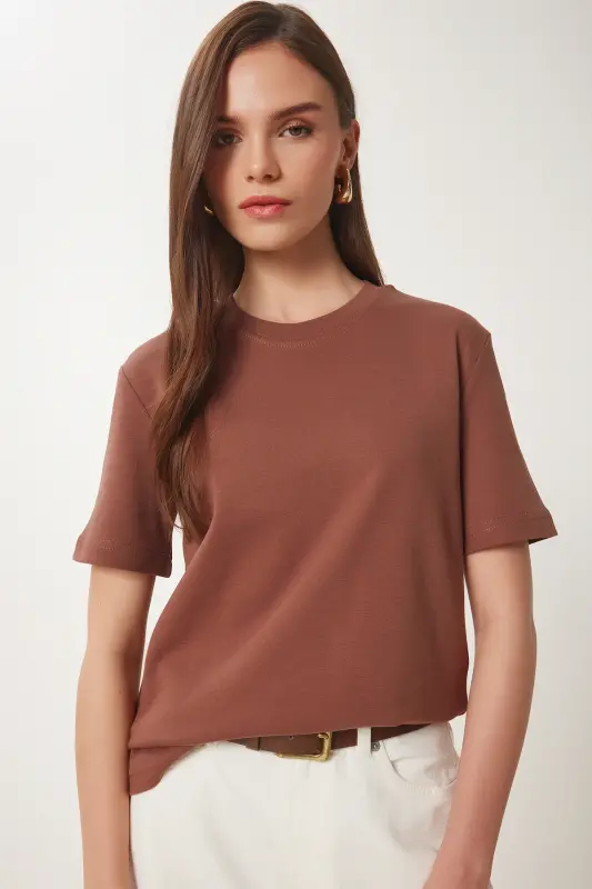 Kadın Kahverengi Bisküvi 2'Li Paket Pamuklu Basic Örme T-Shirt AG00002-Kahverengi Bisküvi - 7