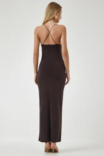 Kadın Kahverengi Çapraz İp Askılı Yırtmaçlı Sandy Elbise DZ00113-Kahverengi - 5