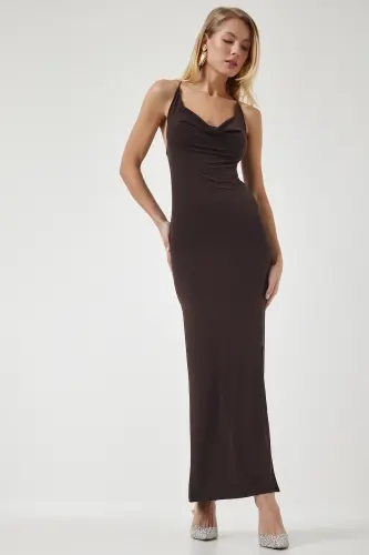 Kadın Kahverengi Çapraz İp Askılı Yırtmaçlı Sandy Elbise DZ00113-Kahverengi - HAPPINESS İSTANBUL (1)