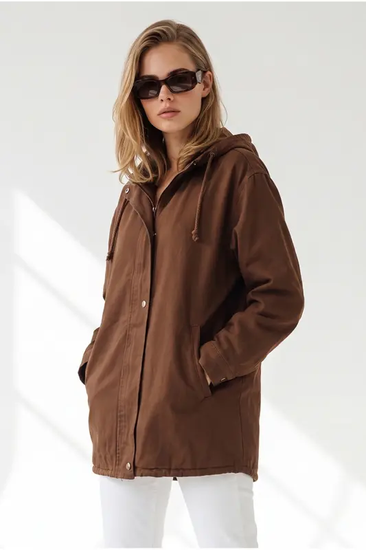 Kadın Kahverengi Cepli Fermuarlı Çıtçıt Detaylı Gabardin Ceket CKT-19000419 - Kahverengi - 5