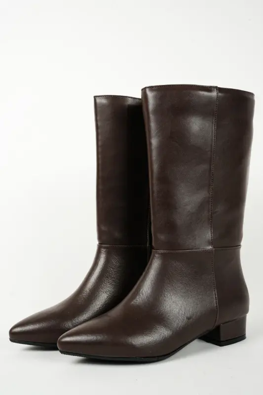 Kadın Kahverengi Deri Içi Kürklü 3 Cm Topuklu Günlük Diz Altı Sivri Burun Acı Kahve Çizme-Kahverengi - 5