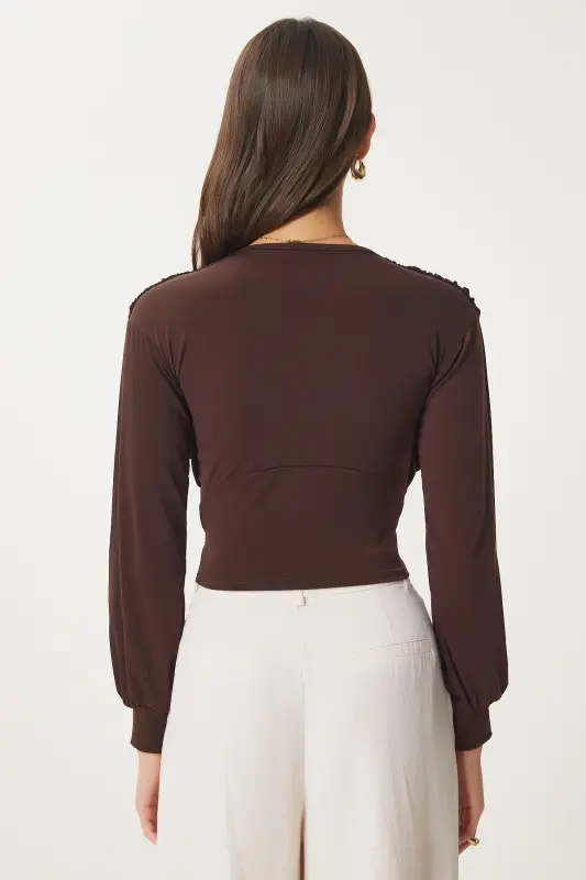 Damen-Crop-Sandy-Strickjacke mit tiefem V-Ausschnitt in Braun BF00050 - Braun - 4