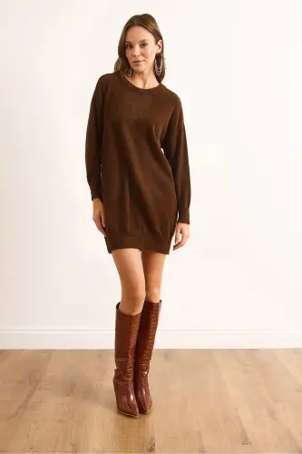 Kadın Kahverengi Dik Yaka Yumuşak Dokulu Sakal Triko Tunik Elbise ELB-19002325-Kahverengi - 2