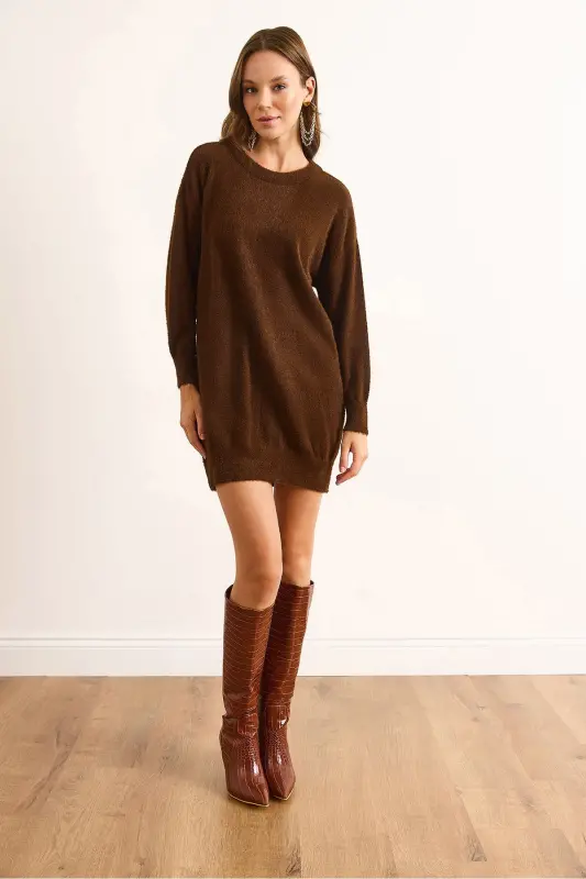 Kadın Kahverengi Dik Yaka Yumuşak Dokulu Sakal Triko Tunik Elbise ELB-19002325-Kahverengi - 2