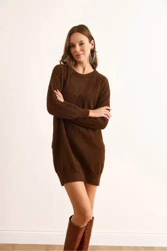 Kadın Kahverengi Dik Yaka Yumuşak Dokulu Sakal Triko Tunik Elbise ELB-19002325-Kahverengi - 5