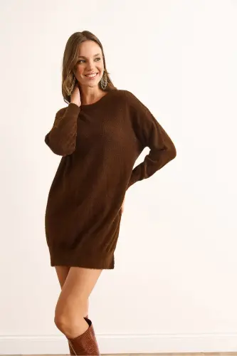 Kadın Kahverengi Dik Yaka Yumuşak Dokulu Sakal Triko Tunik Elbise ELB-19002325-Kahverengi - 6