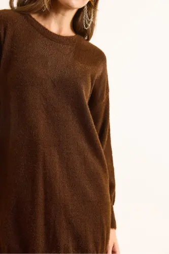 Kadın Kahverengi Dik Yaka Yumuşak Dokulu Sakal Triko Tunik Elbise ELB-19002325-Kahverengi - 7