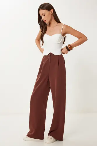 Kadın Kahverengi Dökümlü Ayrobin Palazzo Pantolon RV00112-Lacivert - 1