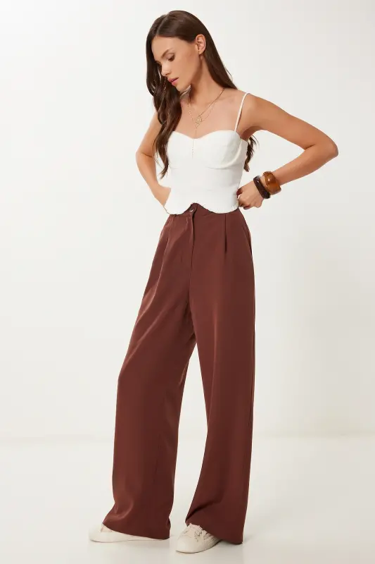Braune drapierte Ayrobin-Palazzo-Hose für Damen RV00112 - Marineblau - HAPPINESS İSTANBUL
