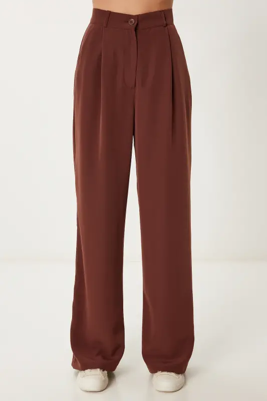 Kadın Kahverengi Dökümlü Ayrobin Palazzo Pantolon RV00112-Lacivert - 3