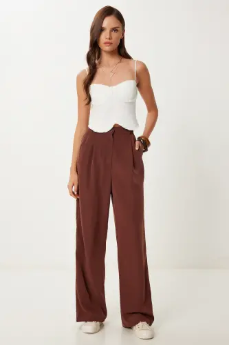 Kadın Kahverengi Dökümlü Ayrobin Palazzo Pantolon RV00112-Lacivert - HAPPINESS İSTANBUL (1)