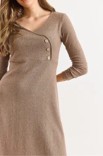 Kadın Kahverengi Düğme Detaylı Kruvaze Midi Çan Elbise ELB-19002031-Kahverengi - 3