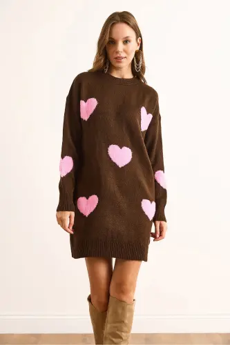 Kadın Kahverengi Kalp Detaylı Yumuşak Dokulu Triko Tunik Elbise ELB-19002284-Kahverengi - 3