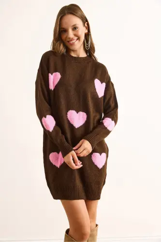 Kadın Kahverengi Kalp Detaylı Yumuşak Dokulu Triko Tunik Elbise ELB-19002284-Kahverengi - 4