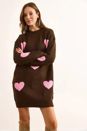 Kadın Kahverengi Kalp Detaylı Yumuşak Dokulu Triko Tunik Elbise ELB-19002284-Kahverengi - 5