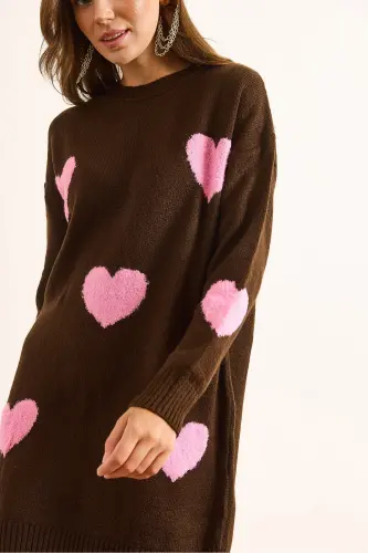 Kadın Kahverengi Kalp Detaylı Yumuşak Dokulu Triko Tunik Elbise ELB-19002284-Kahverengi - 6