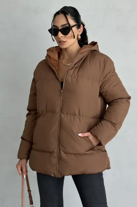 Kadın Kahverengi Kapüşonlu Şişme Mont - kahverengi - 3