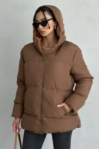 Kadın Kahverengi Kapüşonlu Şişme Mont - kahverengi - 4