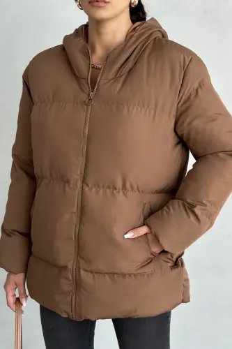 Kadın Kahverengi Kapüşonlu Şişme Mont - kahverengi - 8