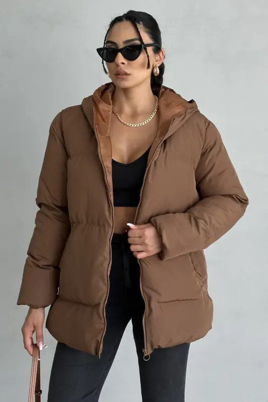 Kadın Kahverengi Kapüşonlu Şişme Mont - kahverengi - MODA ARMANC