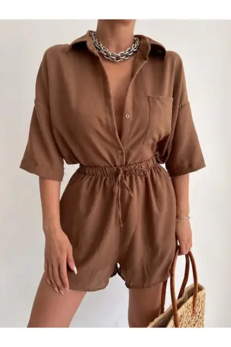 Kadın Kahverengi Keten Kumaş Oversize Gömlek Şort Takımı - Kahverengi 